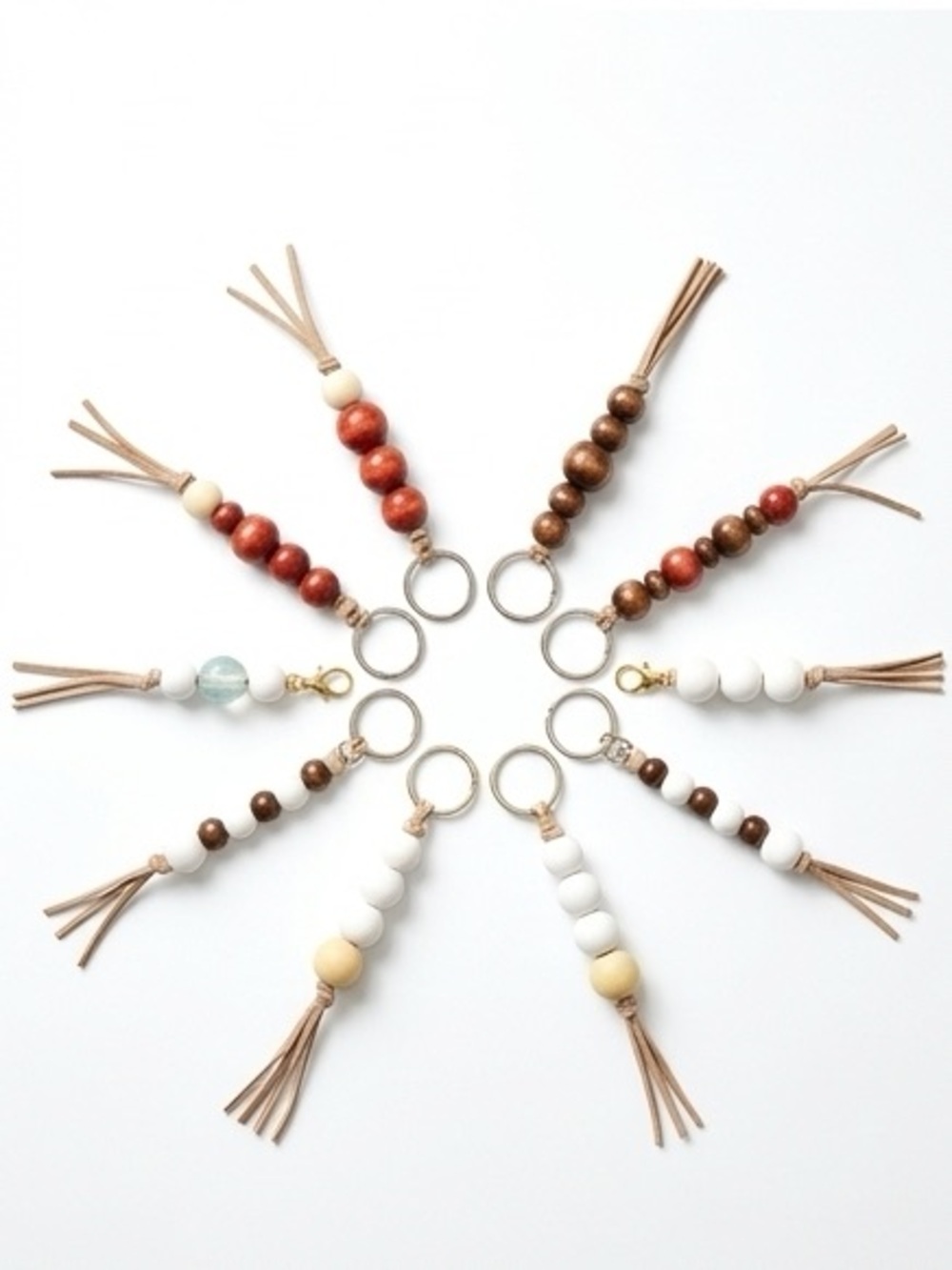 Handmade Minimalist Wood Bead Keychain with Suede Tassel | Individual Key Ring - Picture 3 of 3